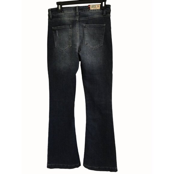 Cello High Rise Vinatage Wash Jeans Faded Dark Blue Distressed Flare Size 11 - Picture 2 of 8